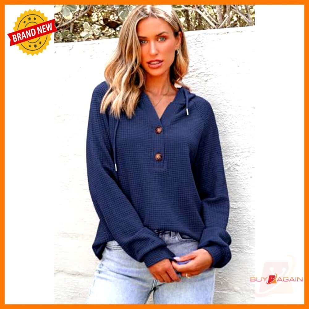 Waffle Knit Oversized Pullover Hoodie V Neck Drawstring Casual Chic Sweatshirt - Picture 4 of 7